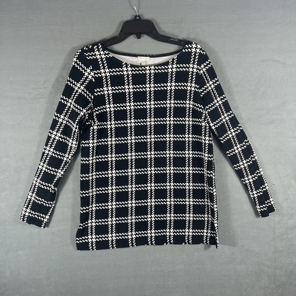 Talbots Tops - Talbots Women's M Black White Plaid Windowpane Long Sleeve Boat Neck Top Blouse